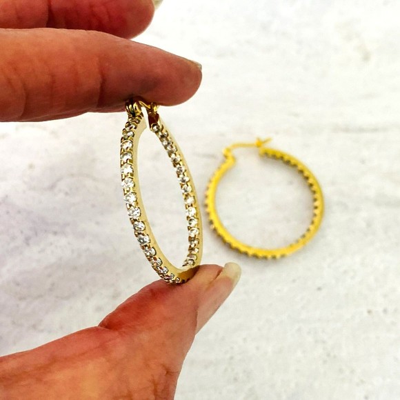 Inside Out CZ Hoop Earrings Gold over Sterling Silver 1.25" 2mm Light n Elegant - Picture 5 of 5
